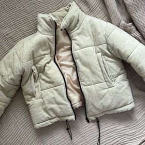 Neutral/beige corduroy puffer jacket with cinch waist